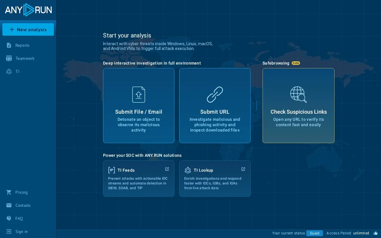 Interactive Online Malware Analysis Sandbox homepage screenshot