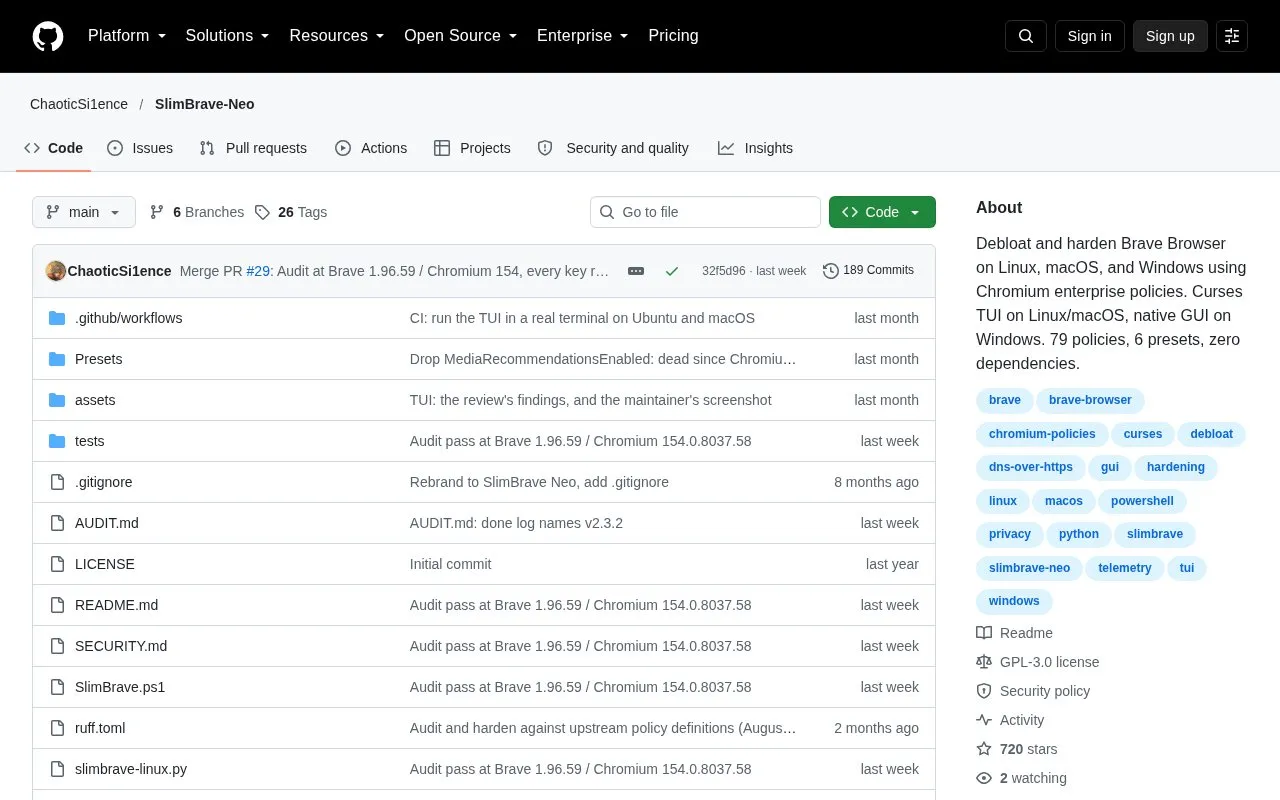 Debloat / Hardening homepage screenshot