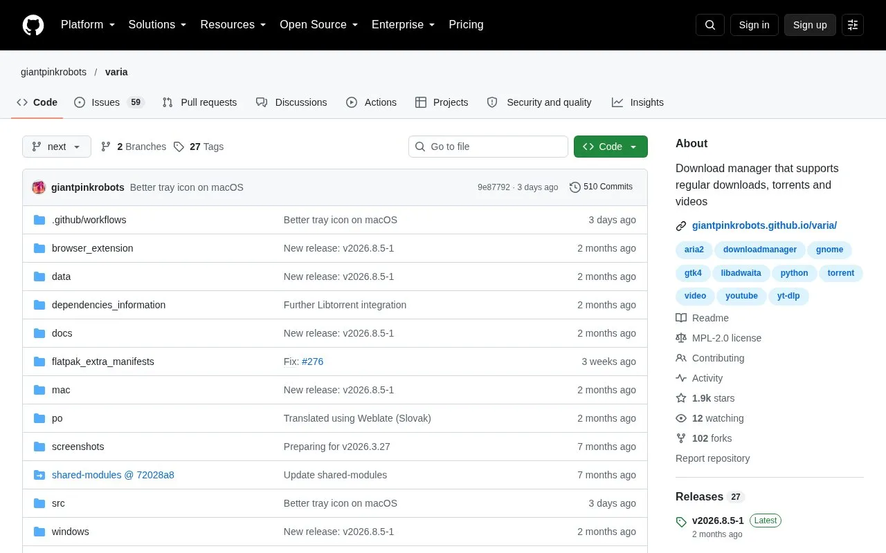 Varia homepage screenshot