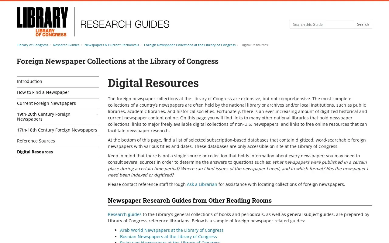 Library of Congress Newspapers homepage screenshot
