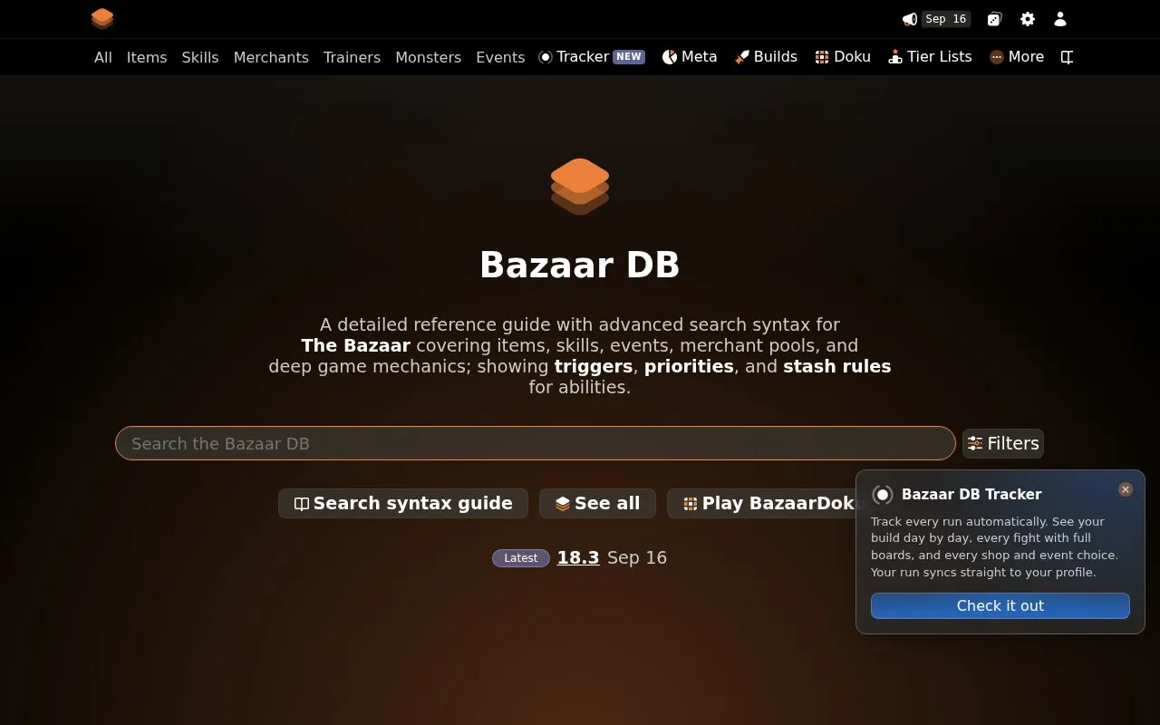 Bazaar DB homepage screenshot