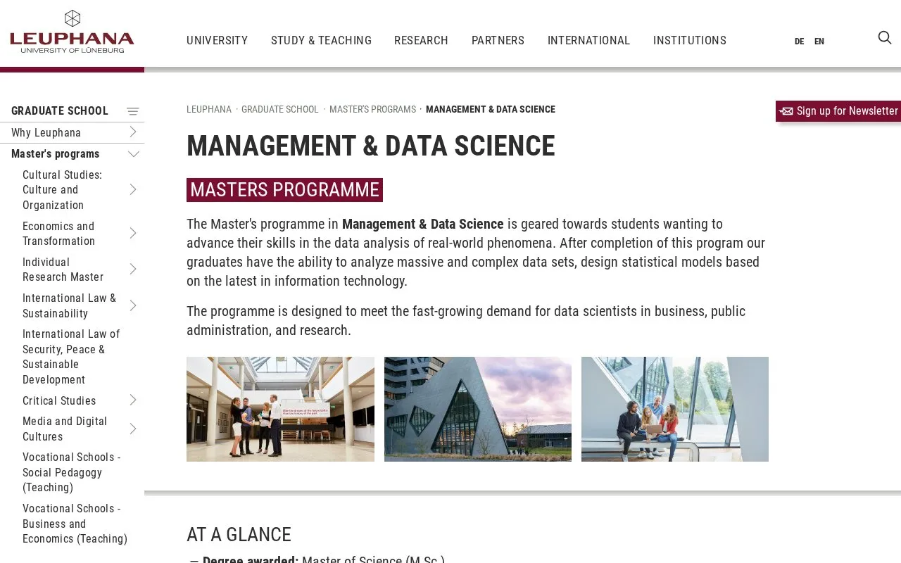 M.S. Management & Data Science @ Leuphana homepage screenshot
