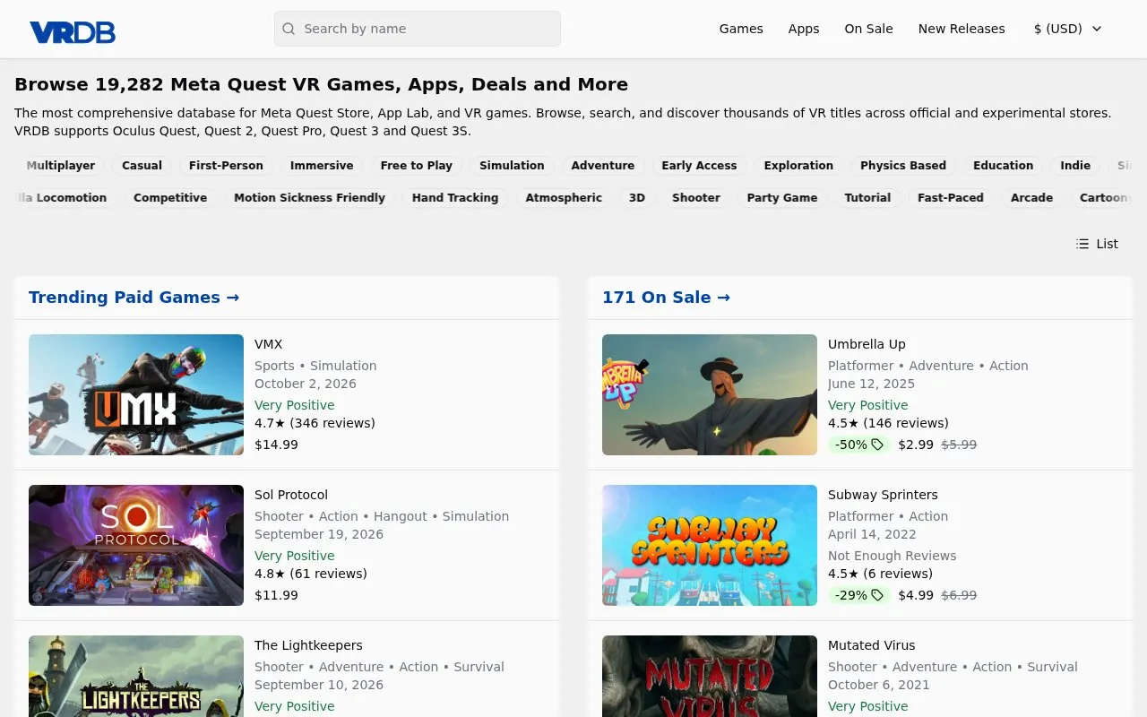 VRDB homepage screenshot