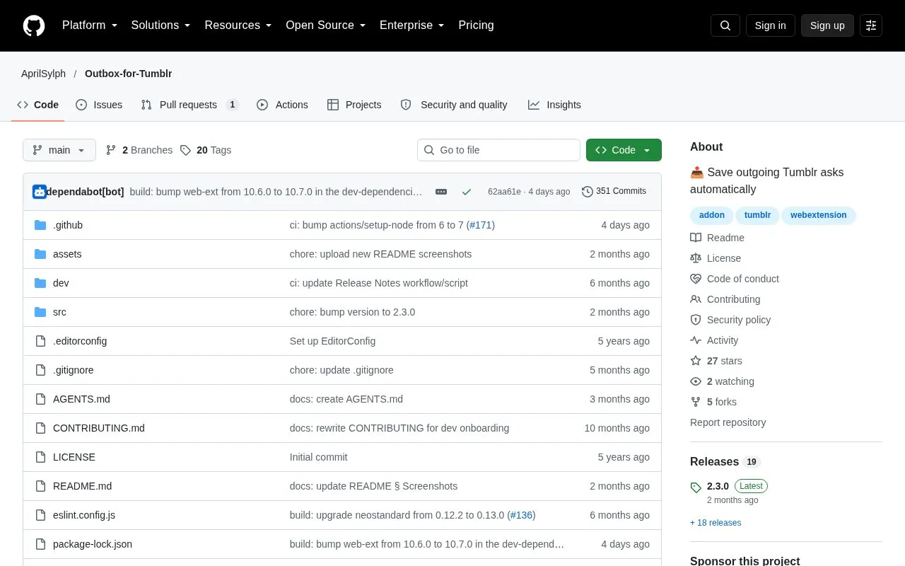 Outbox for Tumblr homepage screenshot