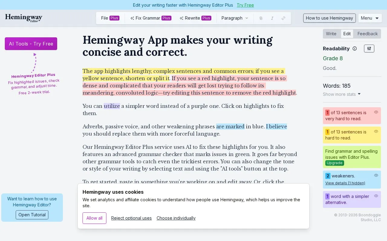 Hemingway Editor homepage screenshot