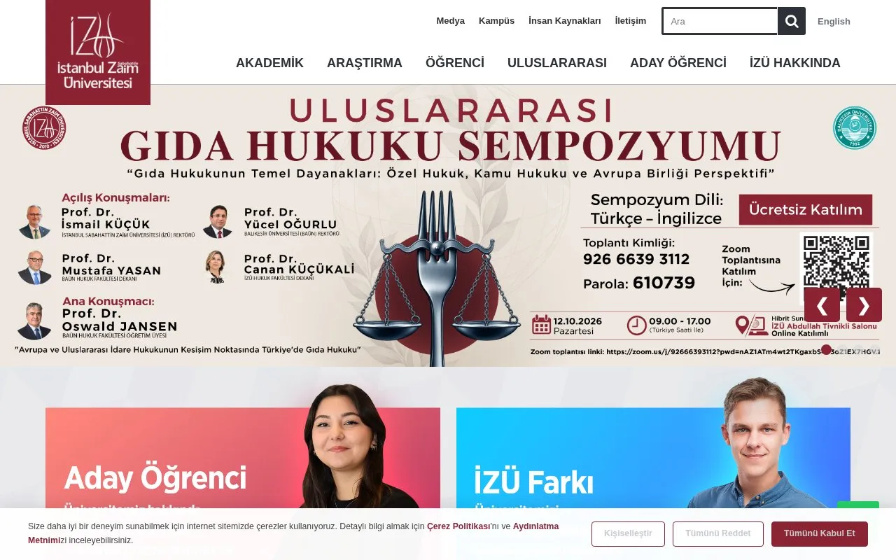 Istanbul Sabahattin Zaim University homepage screenshot