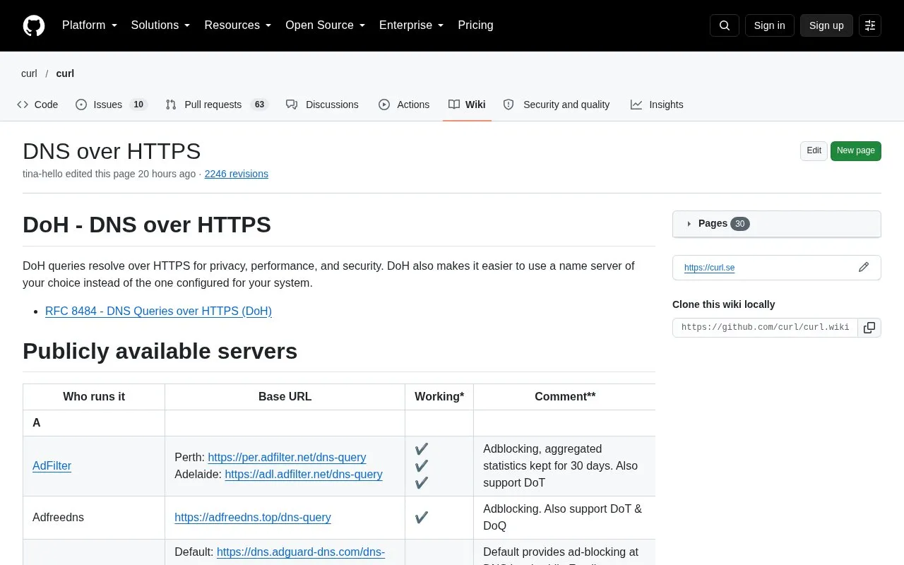 DNS over HTTPS homepage screenshot