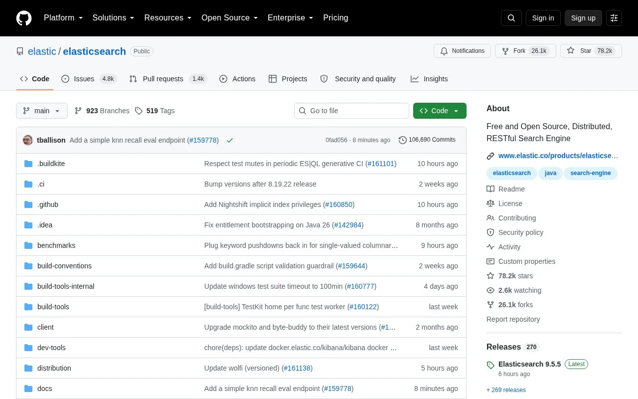 Elasticsearch homepage screenshot
