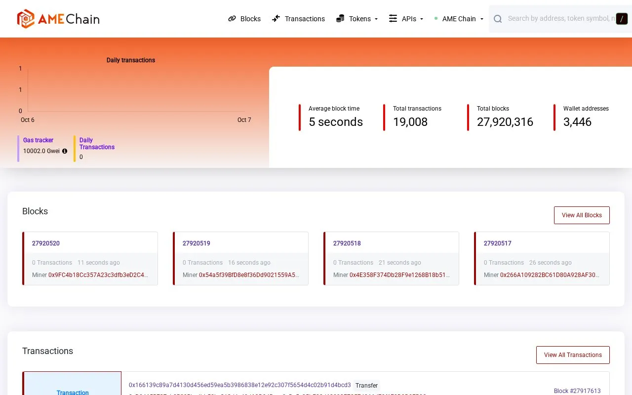 AME Chain Mainnet — AME Scan homepage screenshot