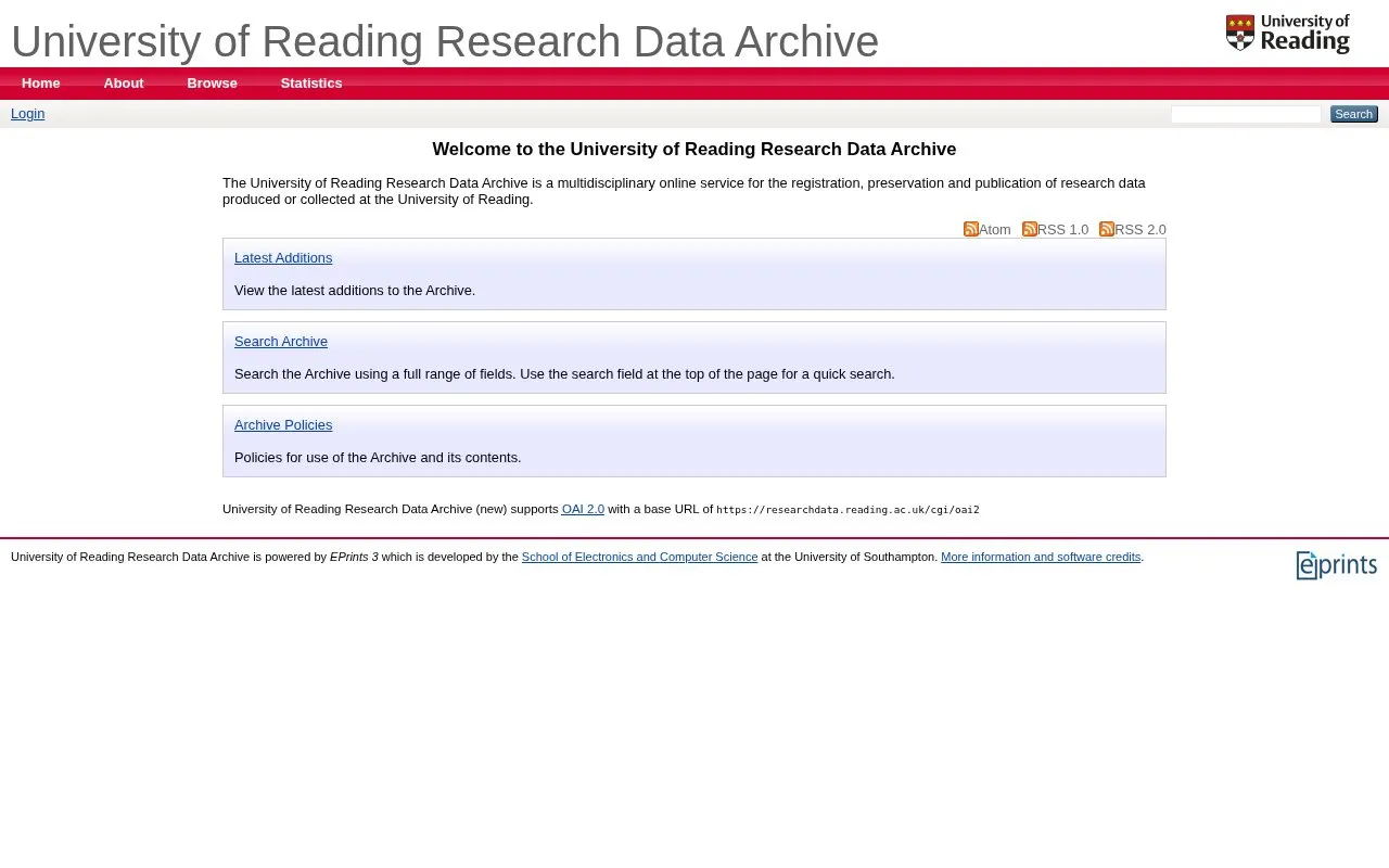 University of Reading Research Data Archive homepage screenshot