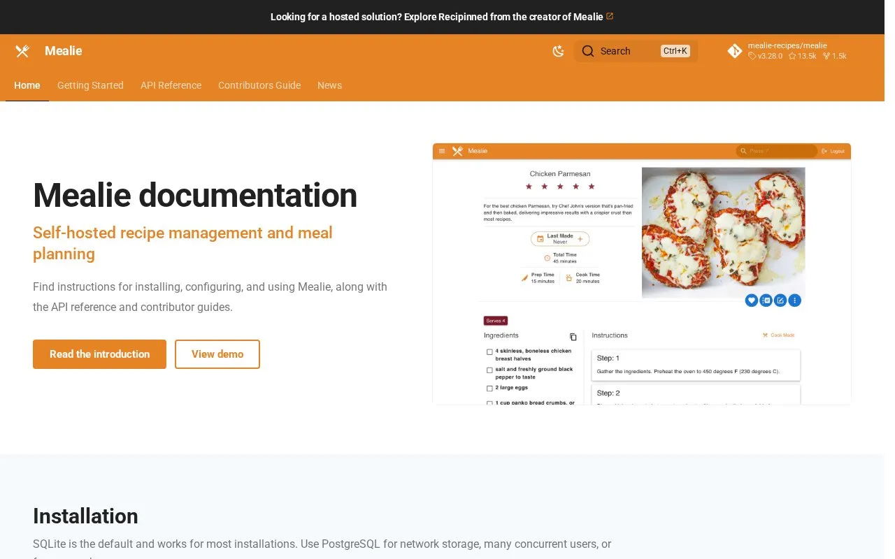 Mealie homepage screenshot