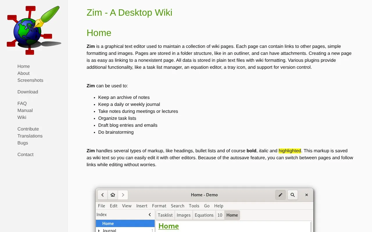 Zim Wiki homepage screenshot