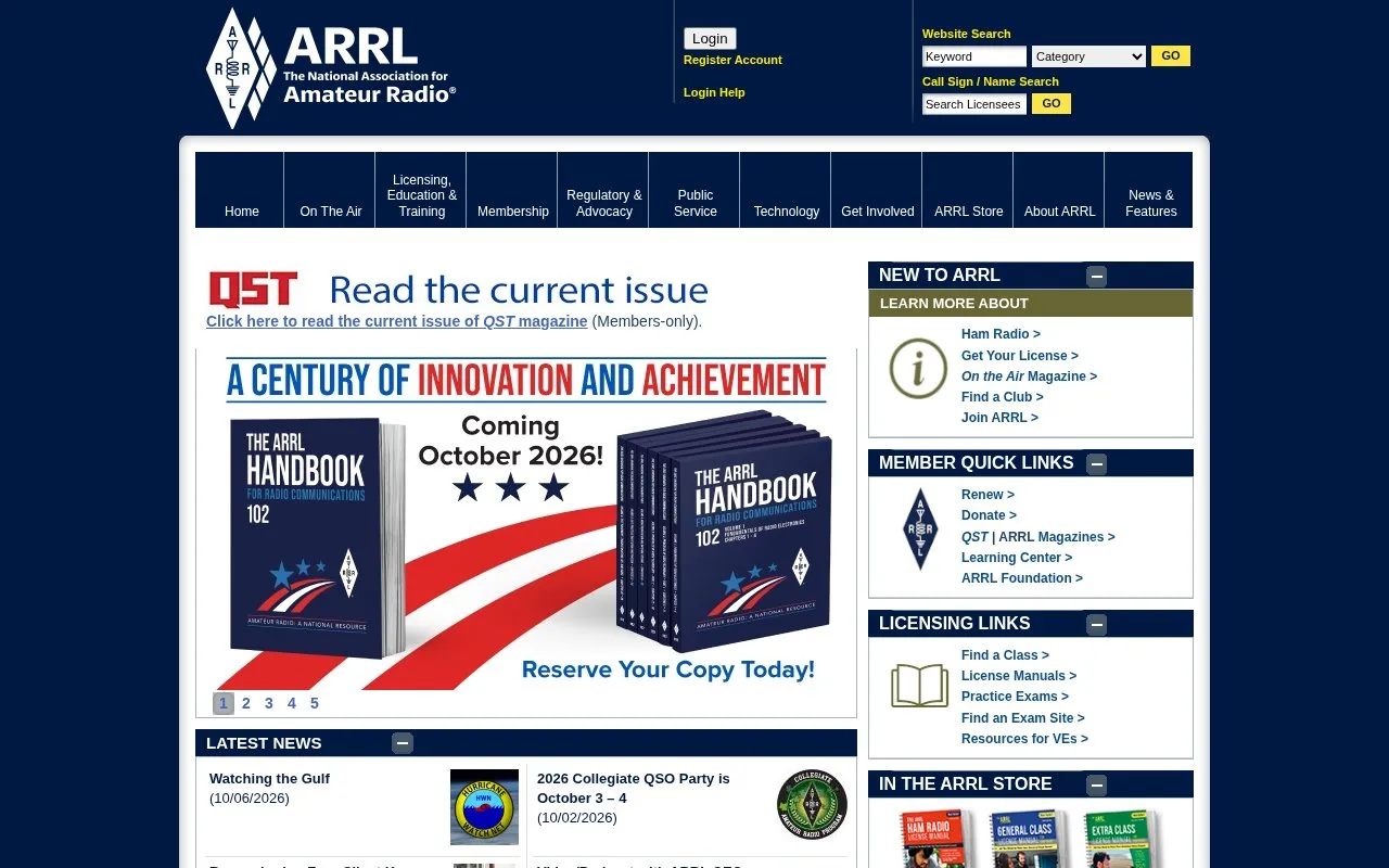 ARRL homepage screenshot