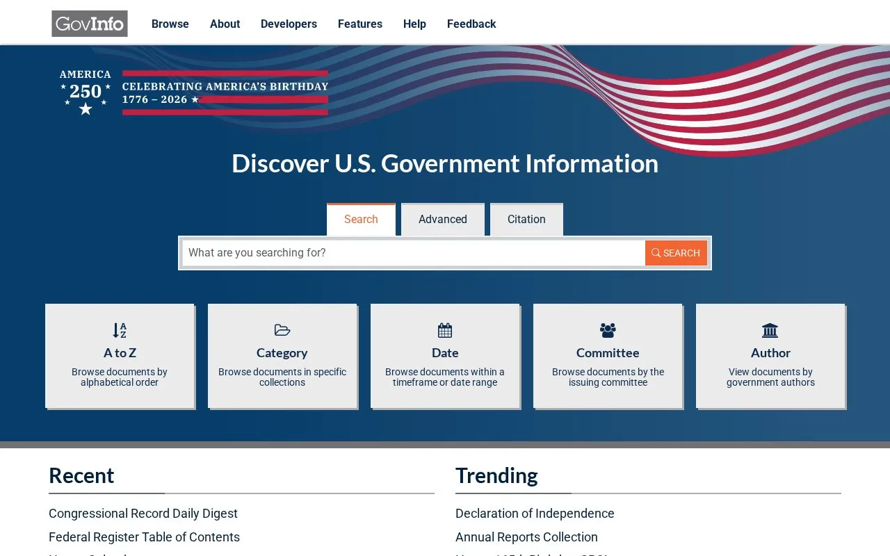 GovInfo homepage screenshot