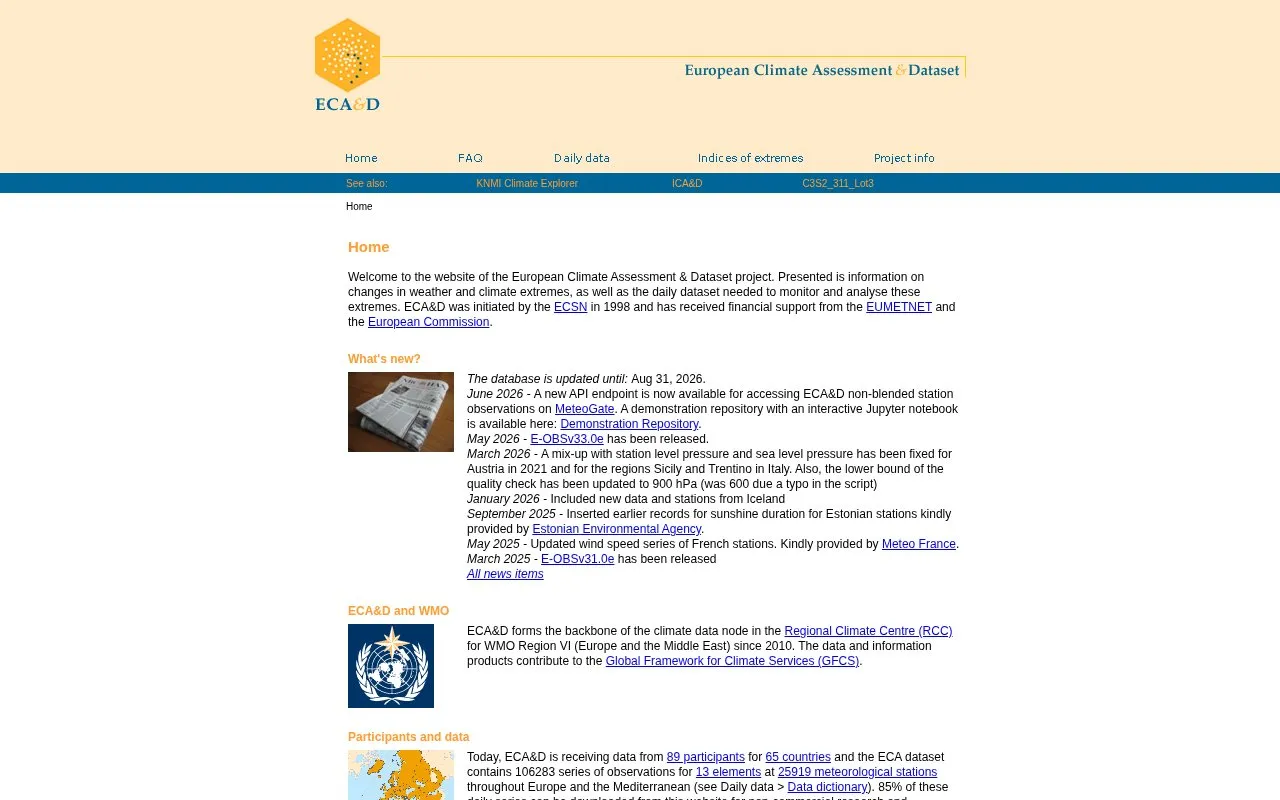 European Climate Assessment & Dataset project homepage screenshot