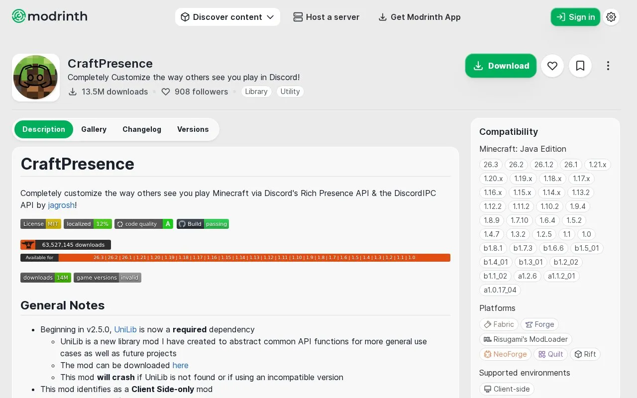 CraftPresence homepage screenshot