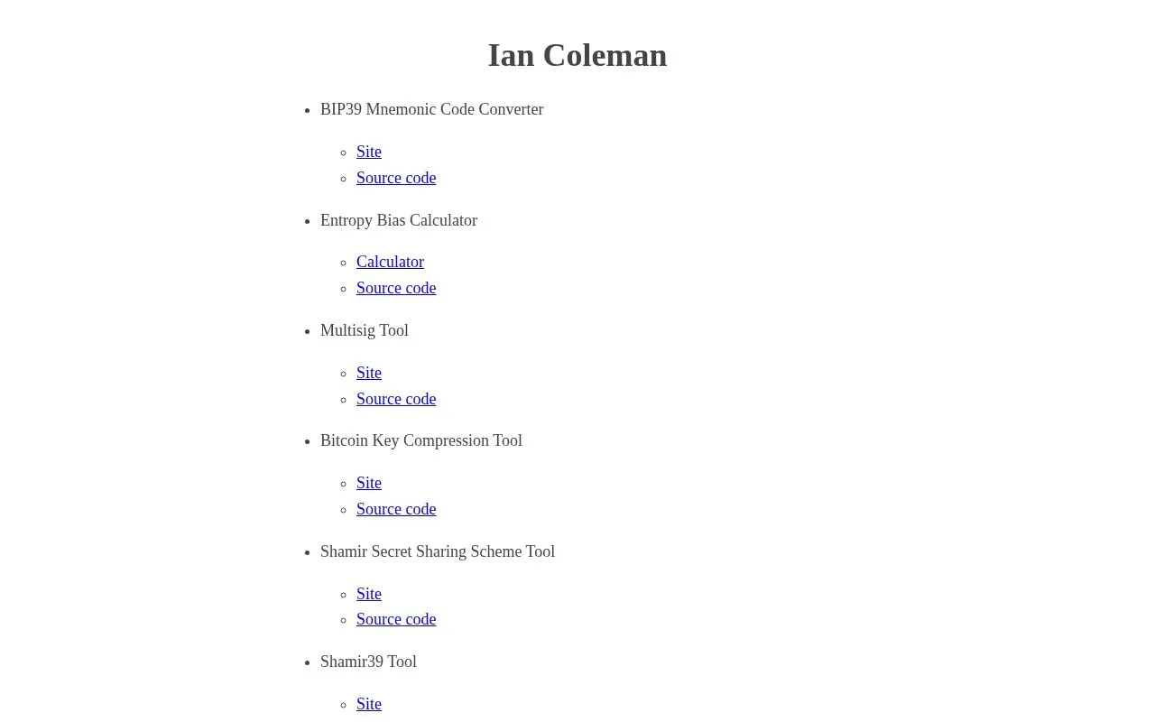 Ian Coleman homepage screenshot
