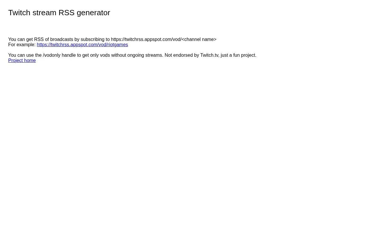 TwitchRSS homepage screenshot