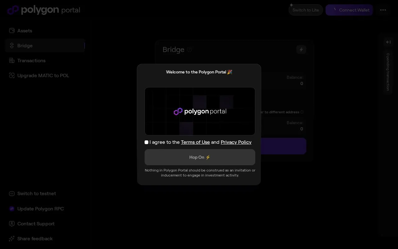 Polygon zkEVM Bridge homepage screenshot
