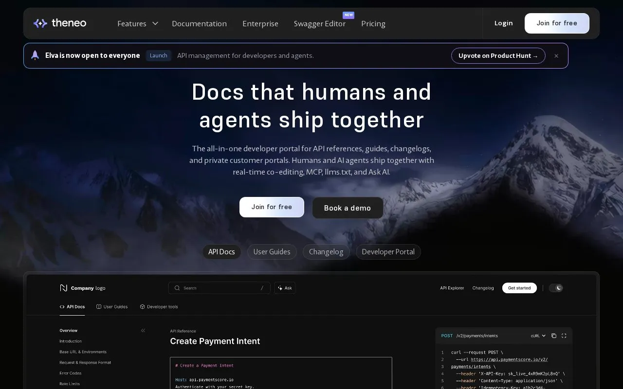 Theneo homepage screenshot
