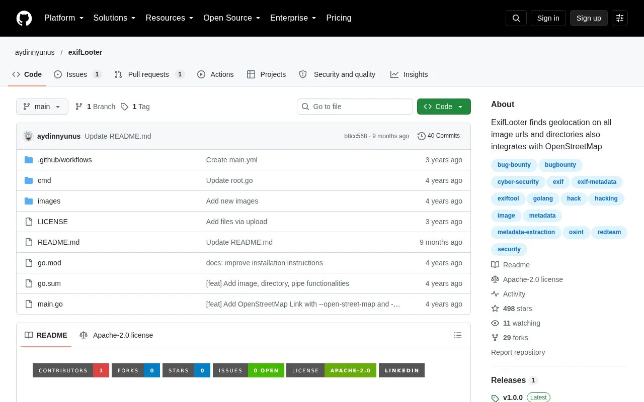 ExifLooter homepage screenshot
