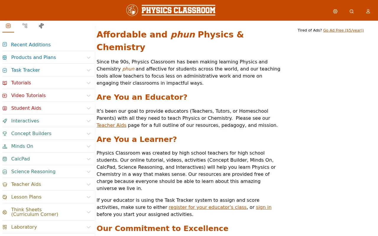 PhysicsClassroom homepage screenshot