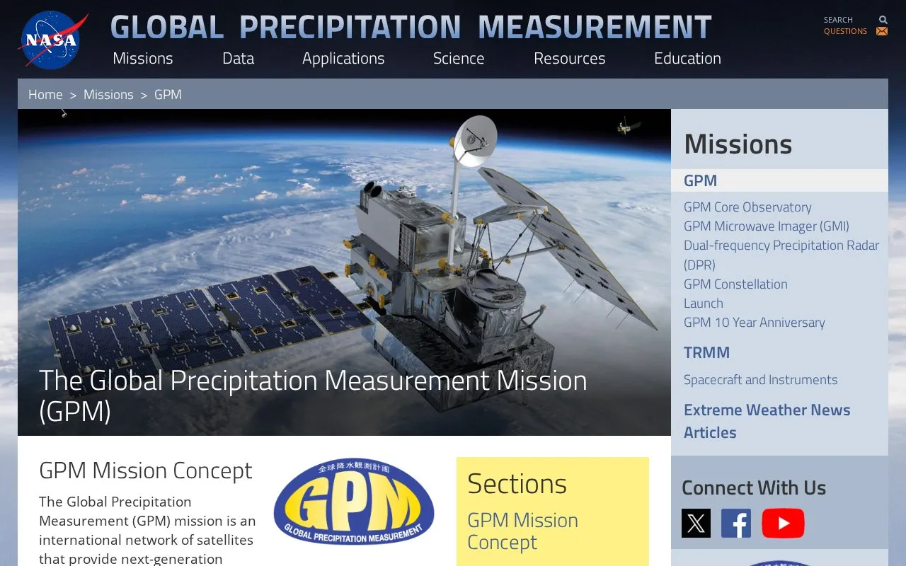 Global Precipitation Measurement homepage screenshot