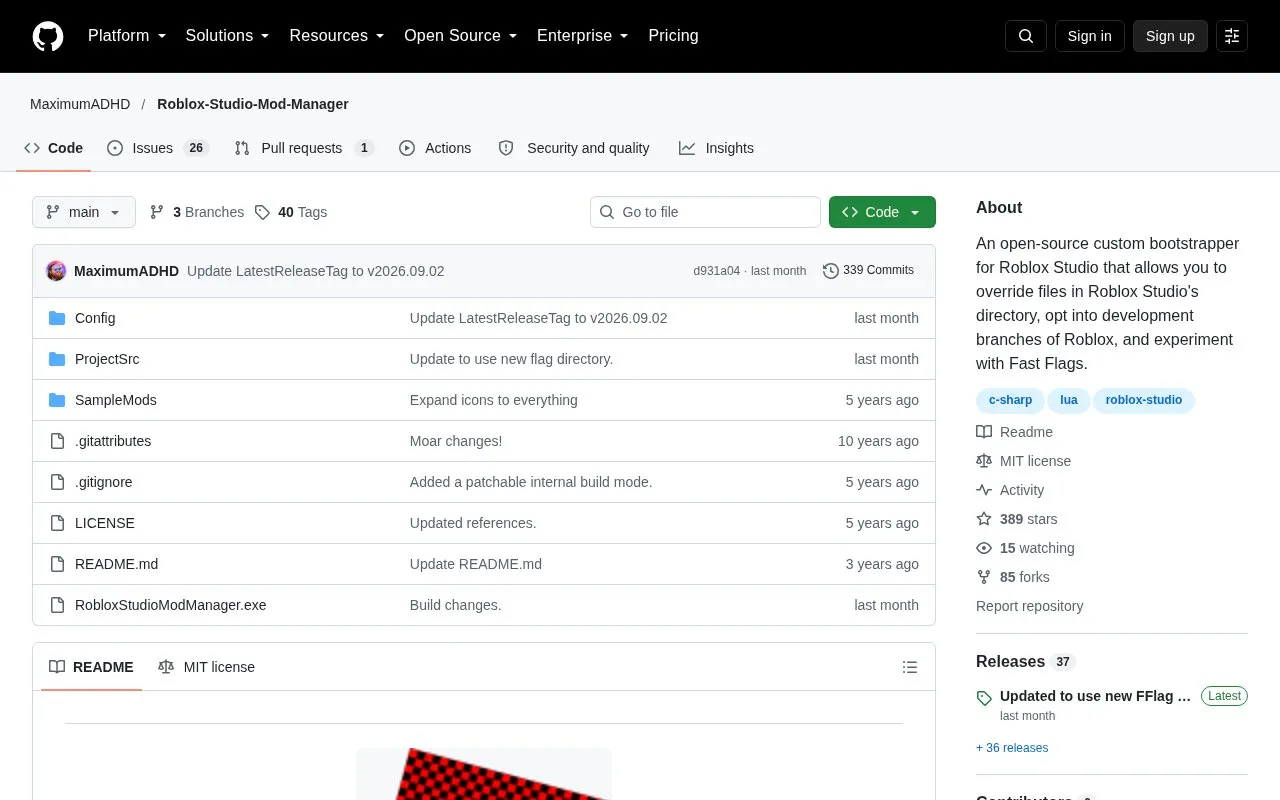 Roblox Studio Mod Manager homepage screenshot