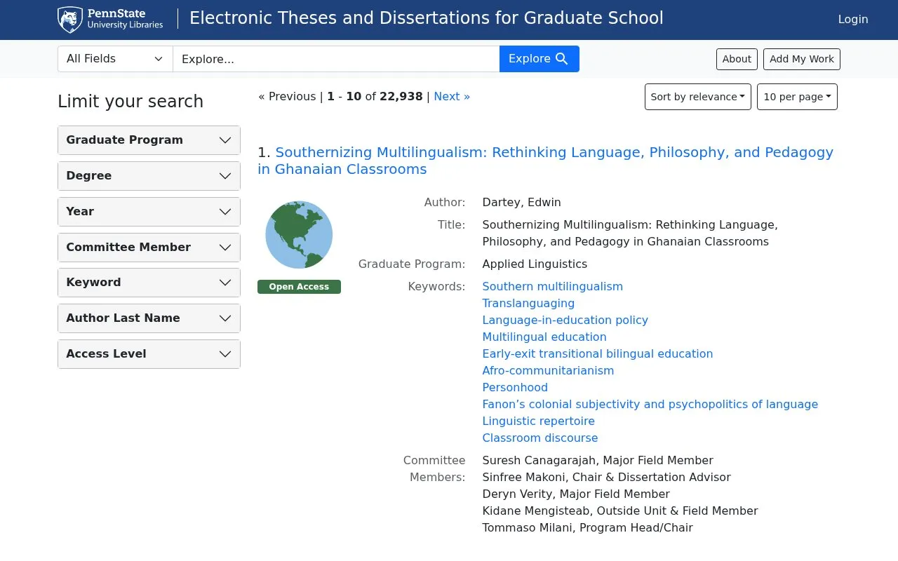 Graduate School Section of the eTD database homepage screenshot