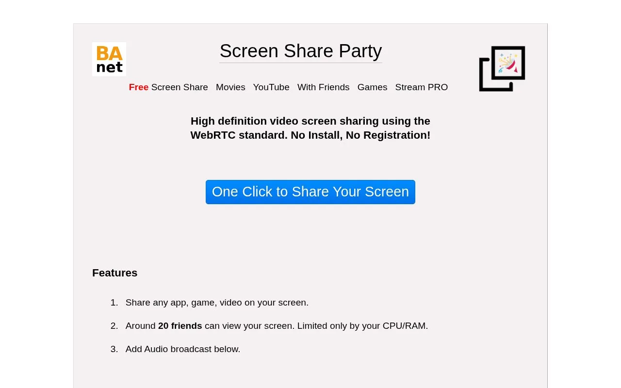 Screen Share Party homepage screenshot