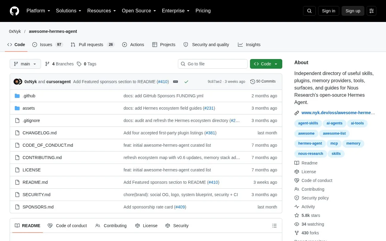 awesome-hermes-agent homepage screenshot