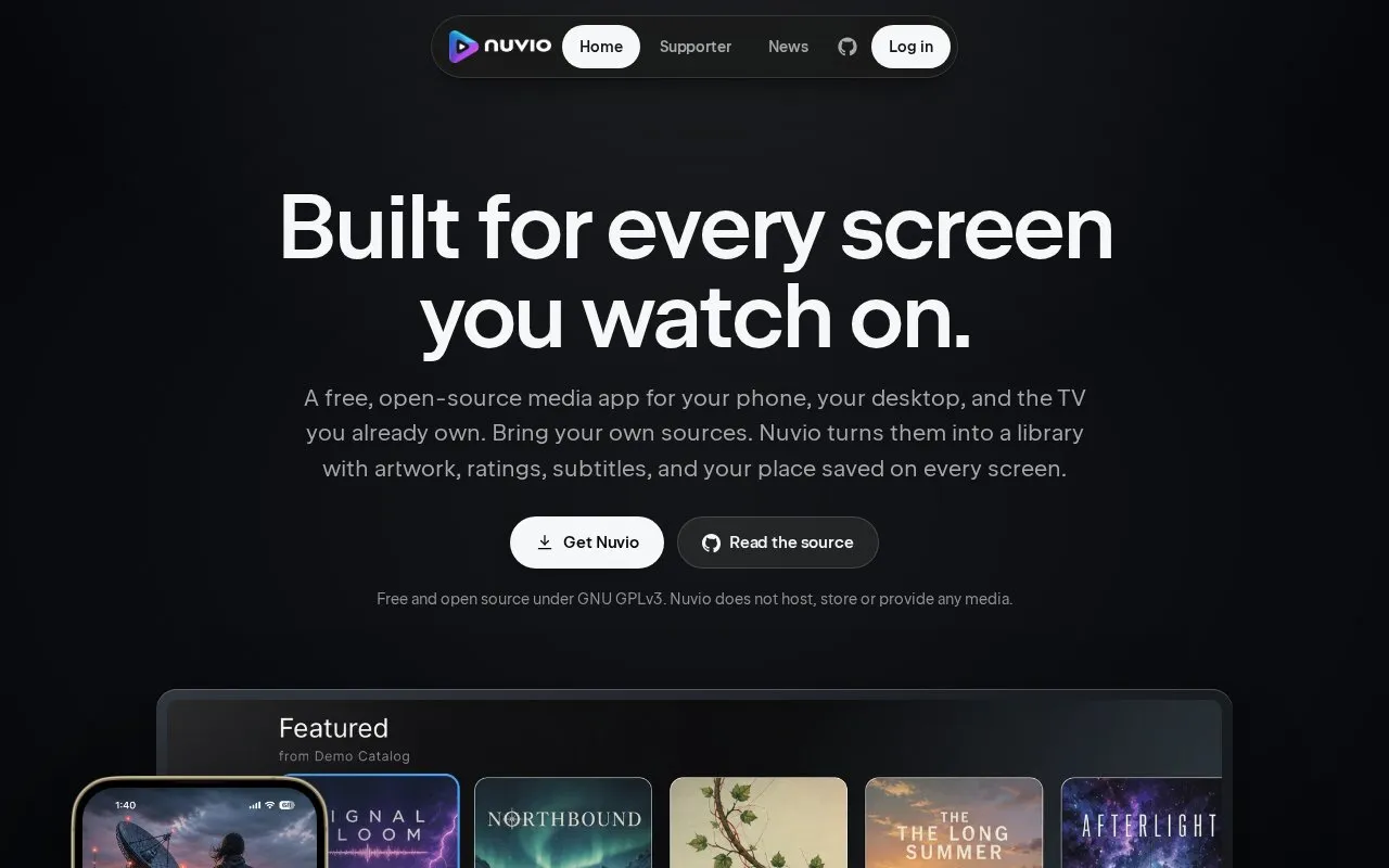 Nuvio homepage screenshot