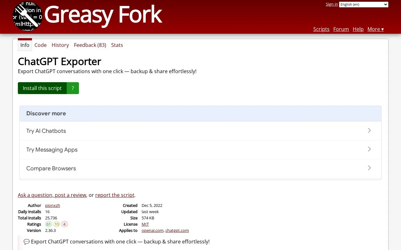 ChatGPT Exporter homepage screenshot
