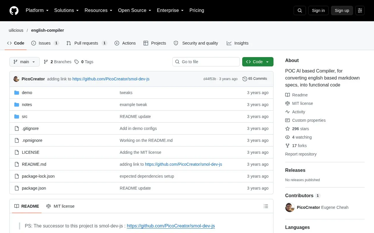 English Compiler homepage screenshot