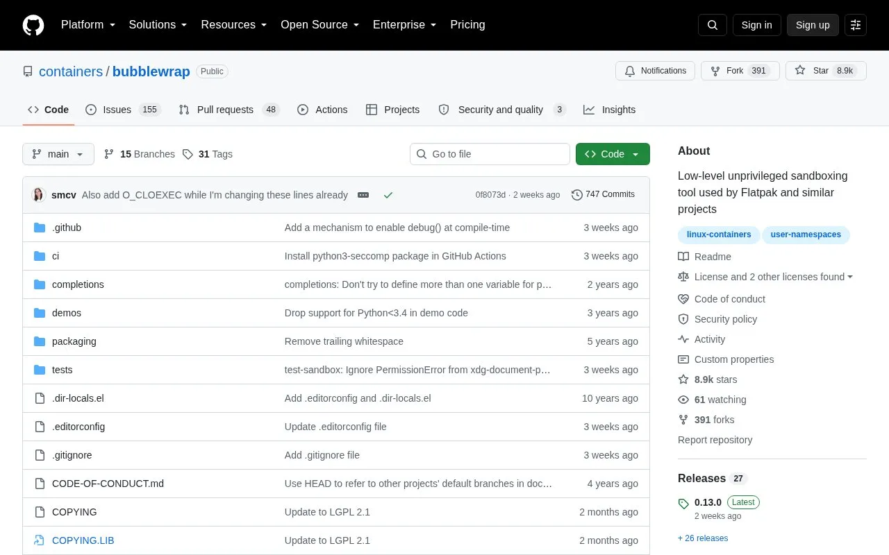 Bubblewrap homepage screenshot
