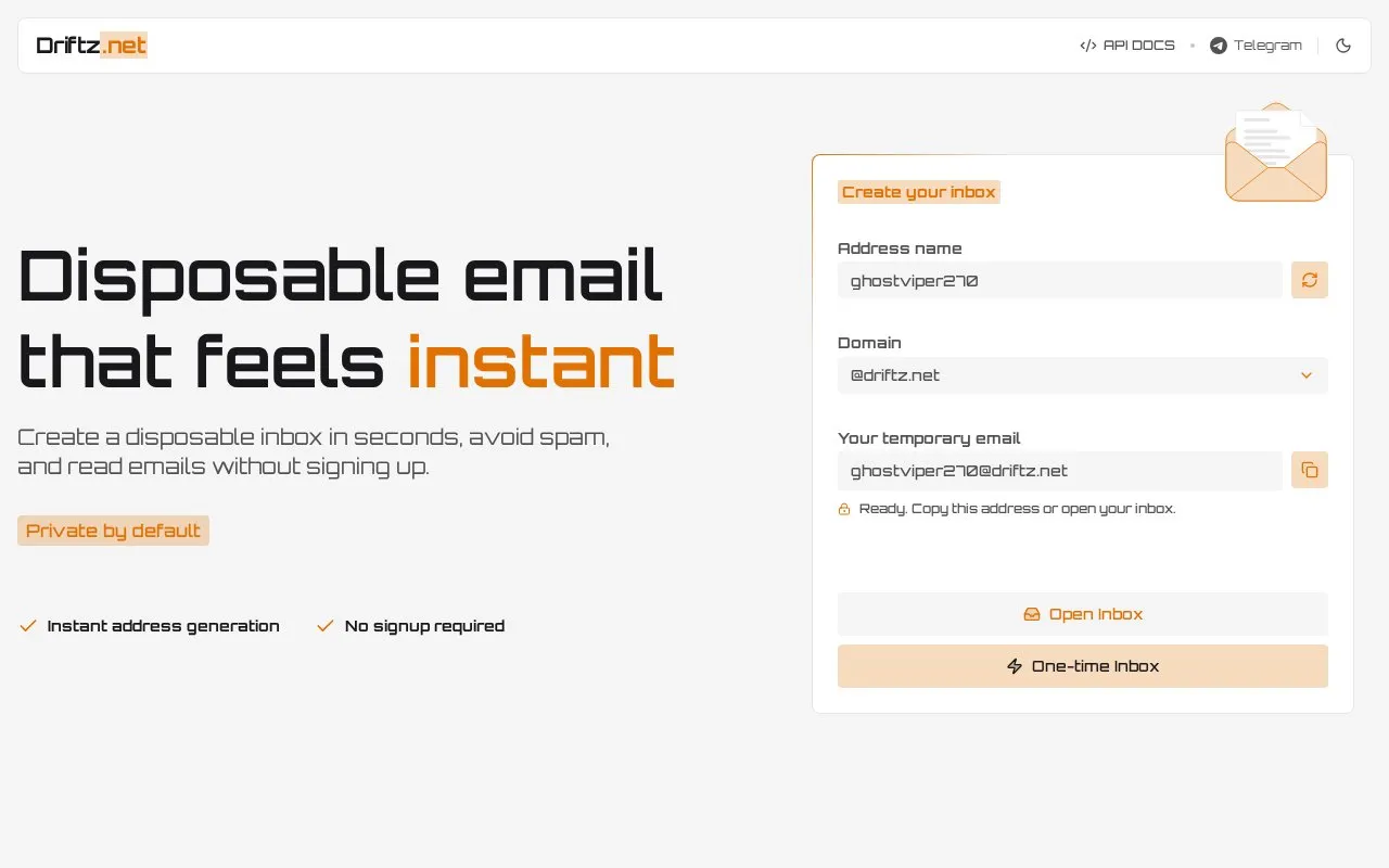 Driftz Mail homepage screenshot