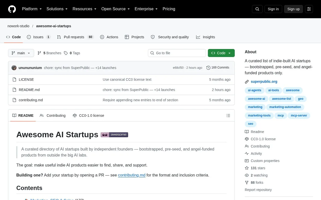 Awesome AI Startups homepage screenshot