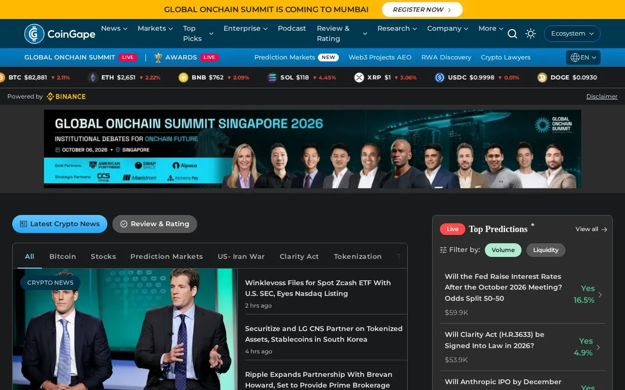 CoinGape homepage screenshot