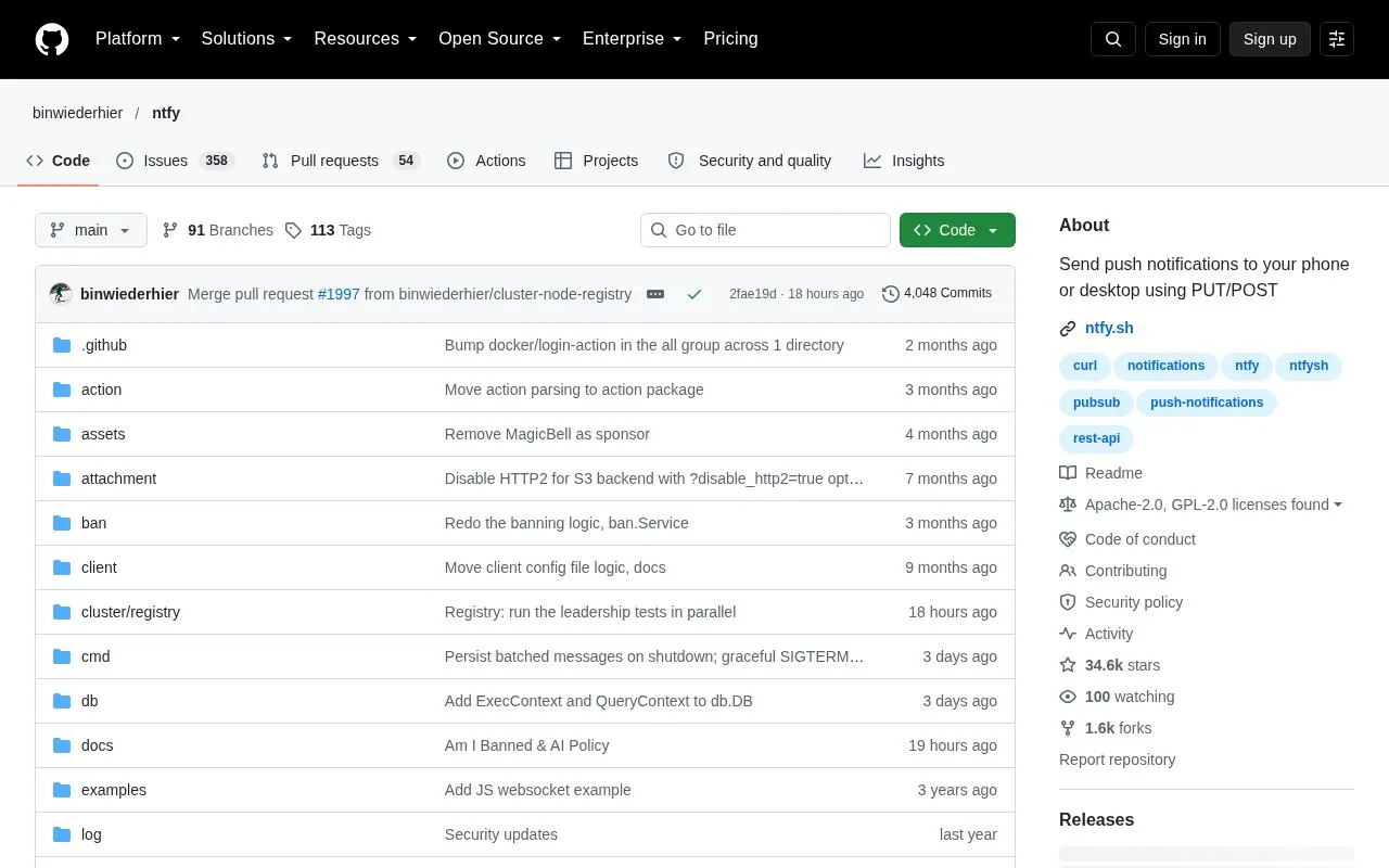 Ntfy homepage screenshot