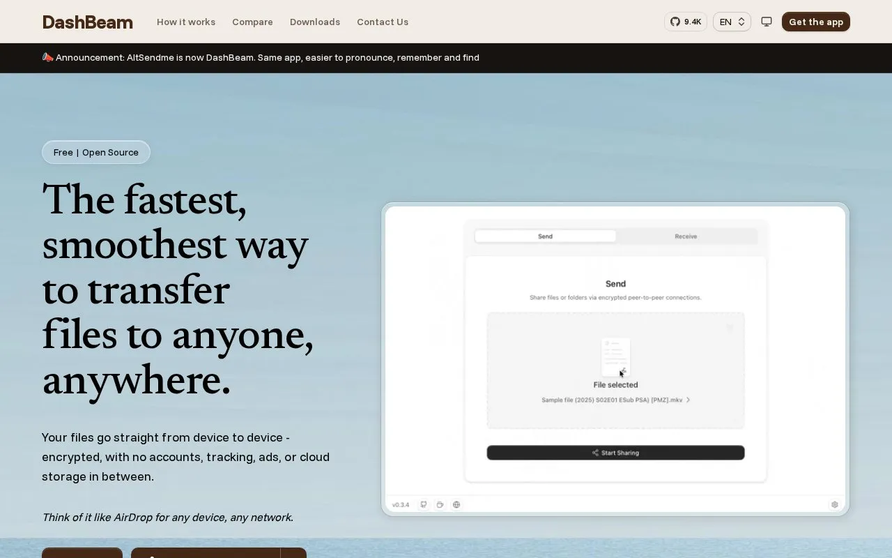 DashBeam homepage screenshot