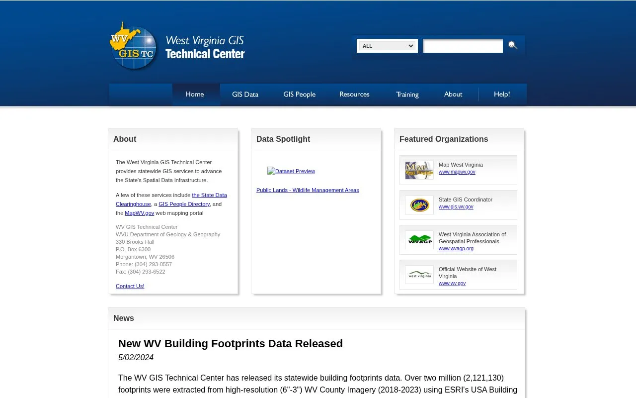 WV State GIS Data Clearinghouse homepage screenshot