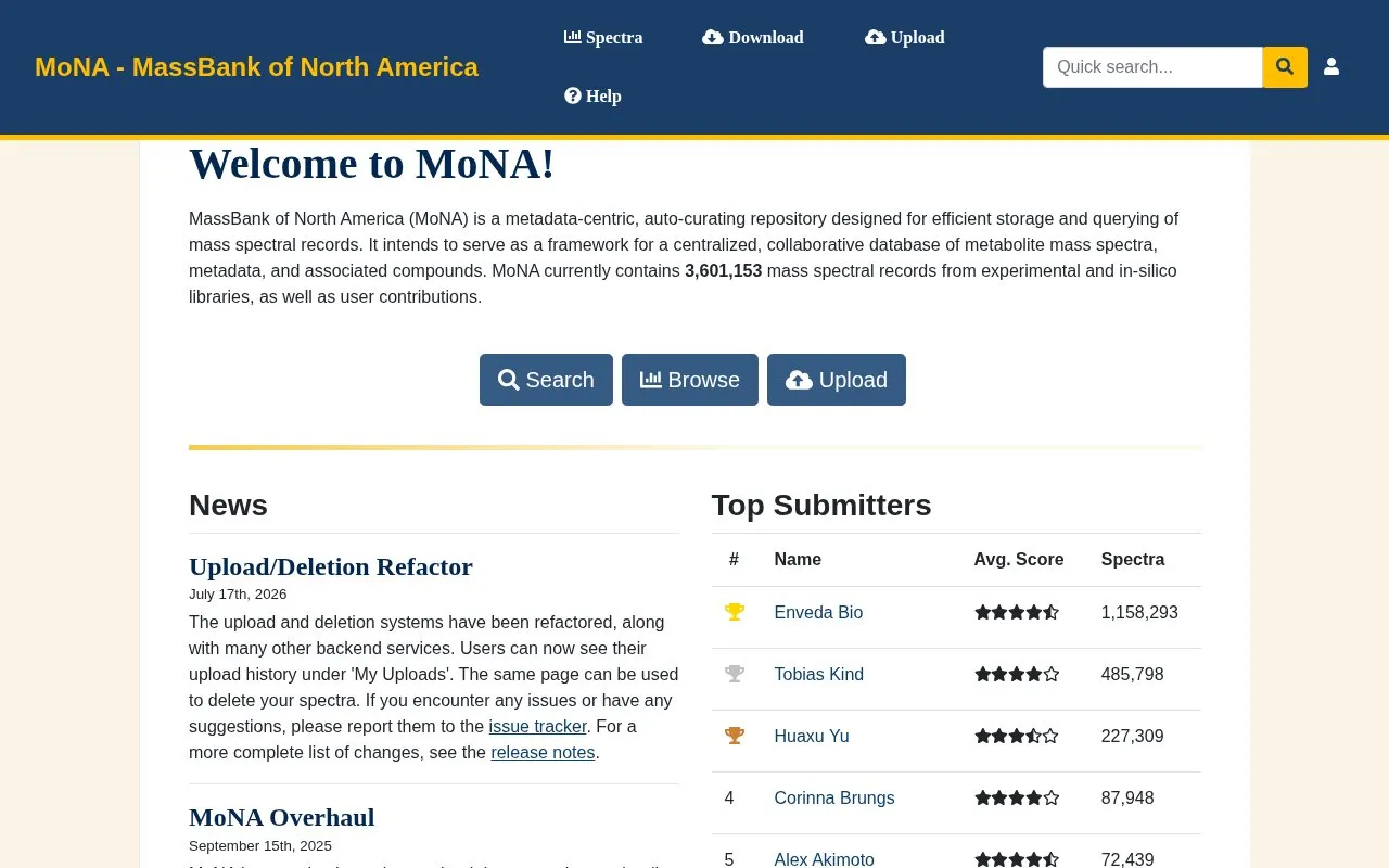 MoNA homepage screenshot