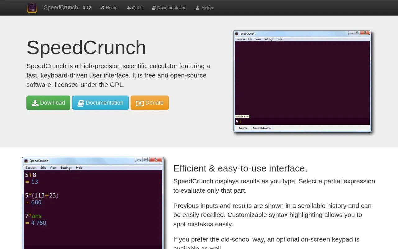 SpeedCrunch homepage screenshot