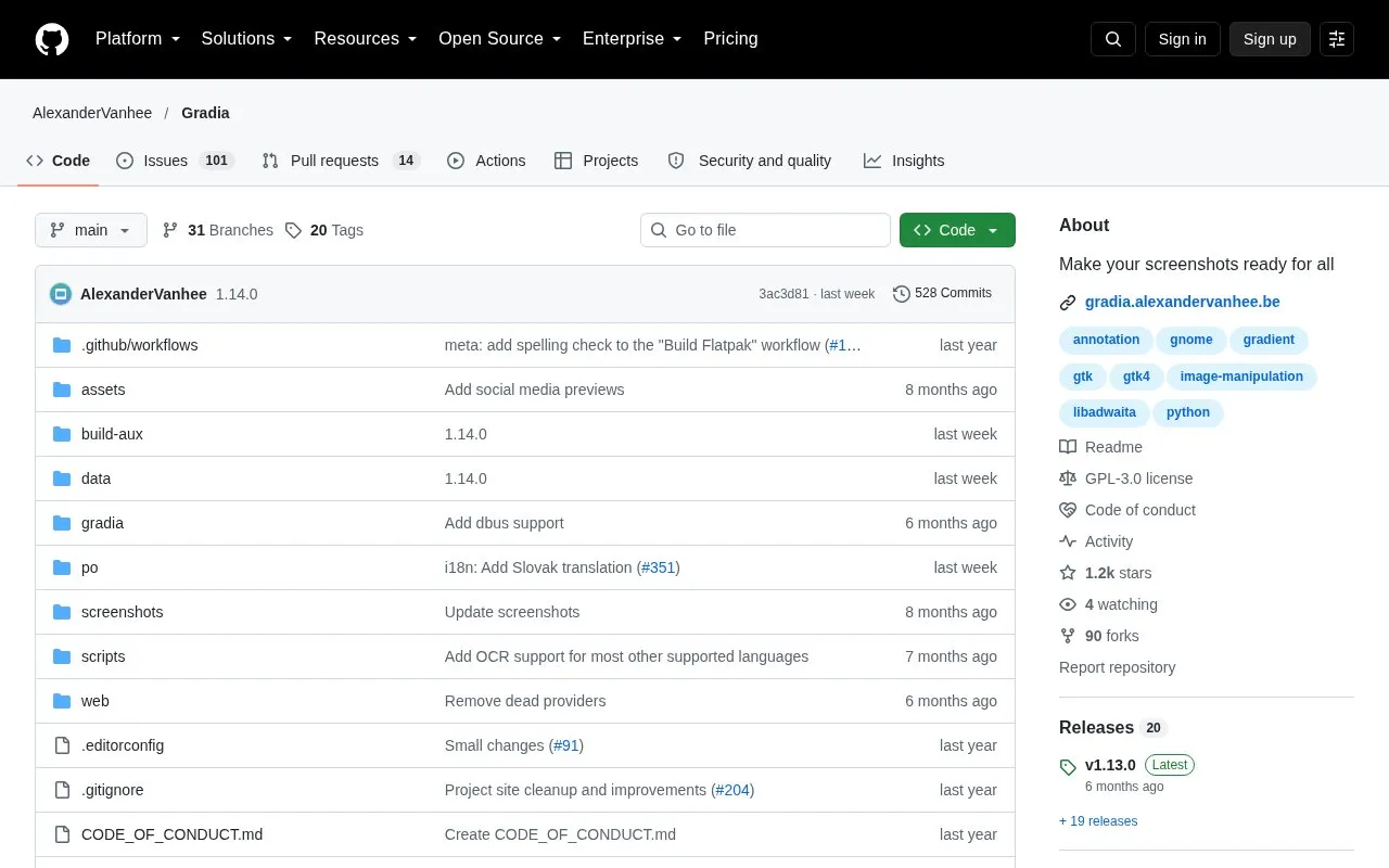 Gradia homepage screenshot