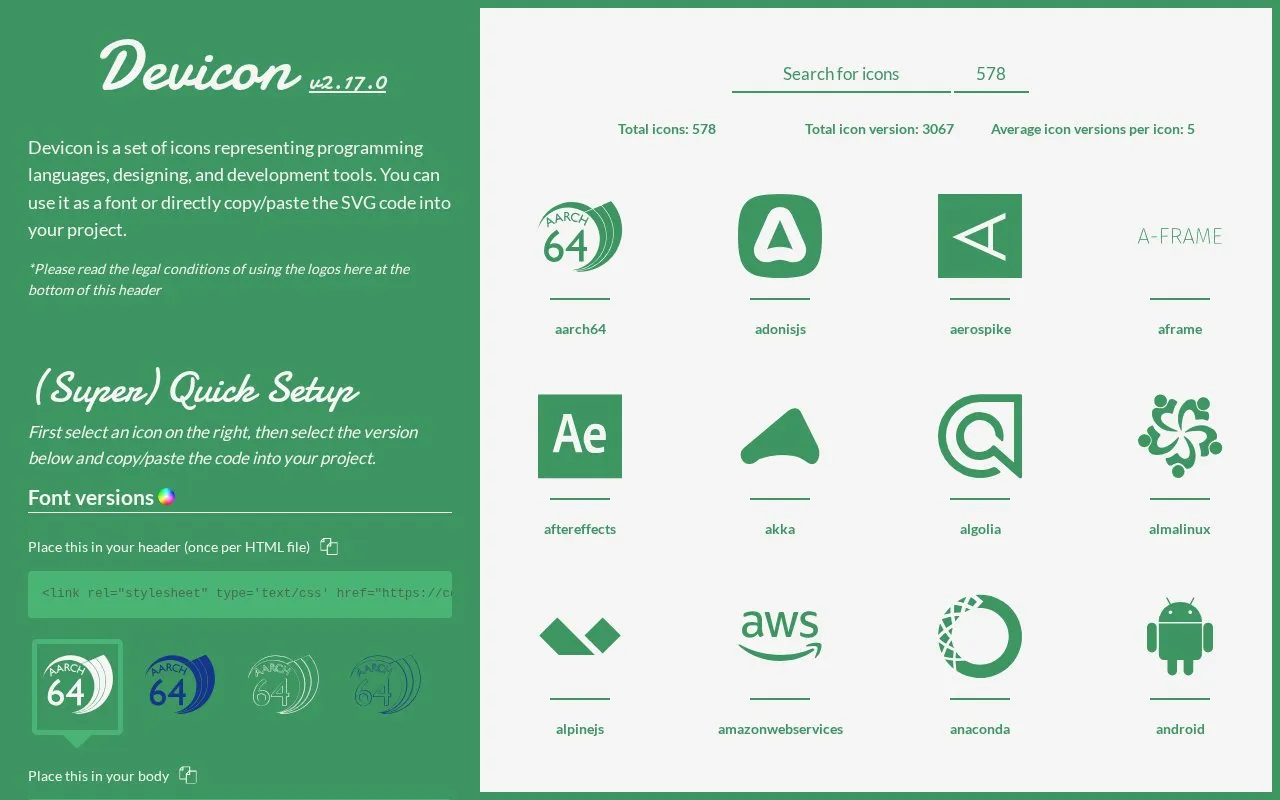 Devicon homepage screenshot