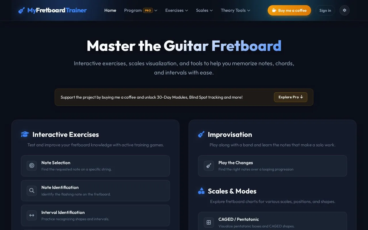 My Fretboard Trainer homepage screenshot