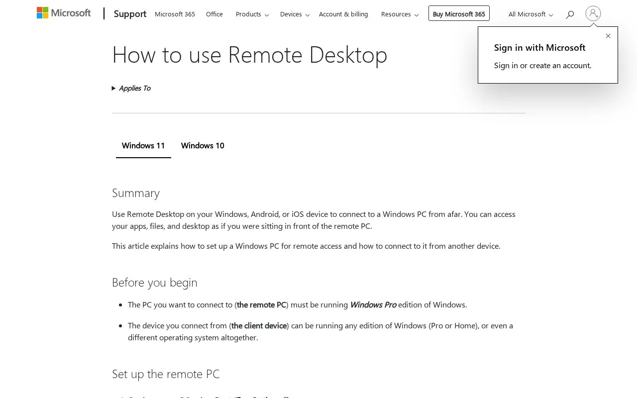 Remote Desktop Connection homepage screenshot