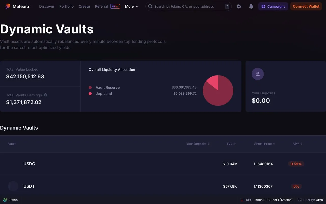 Meteora vaults homepage screenshot