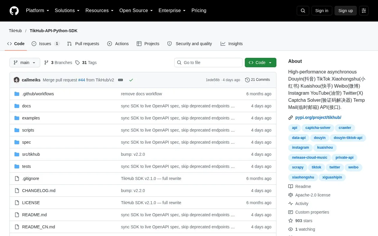 TikHub-API-Python-SDK homepage screenshot