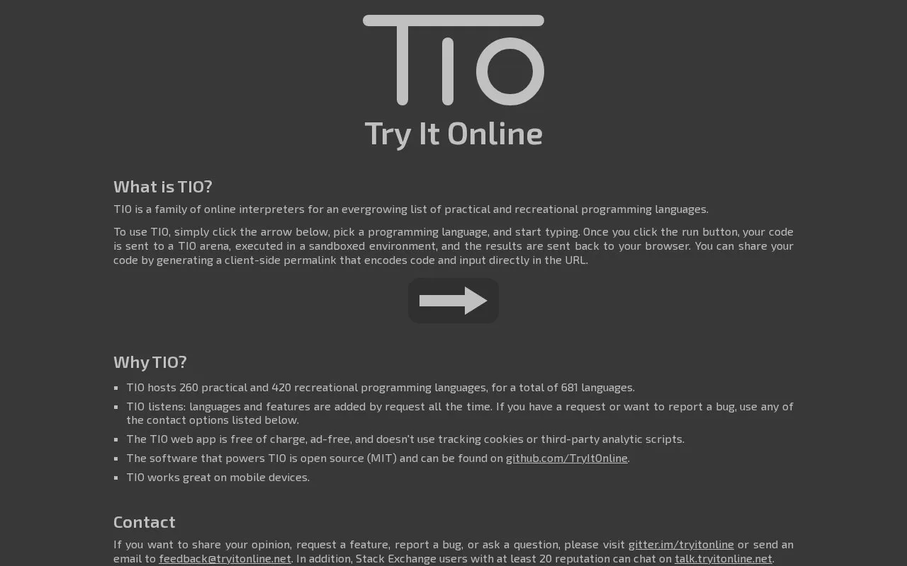 Try It Online homepage screenshot